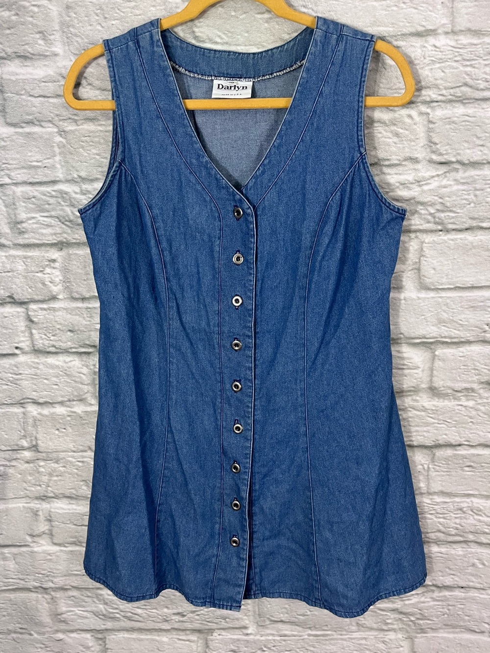VTG Darlyn V-Neck Button Front Blue Denim Sleeveless Mini Summer Dress - Size 10 - Picture 2 of 8